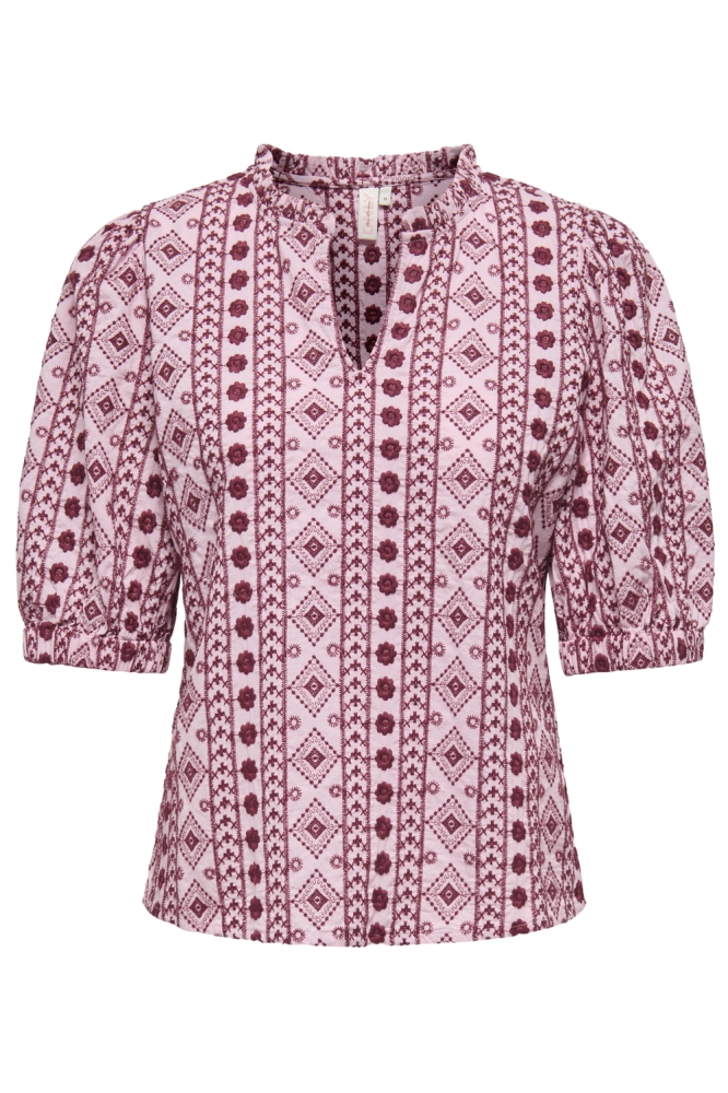 ONLPIPPI LIFE SS EMB. V-NECK TOP WV 15359877 CANDY PINK/RUBY WINE EMB